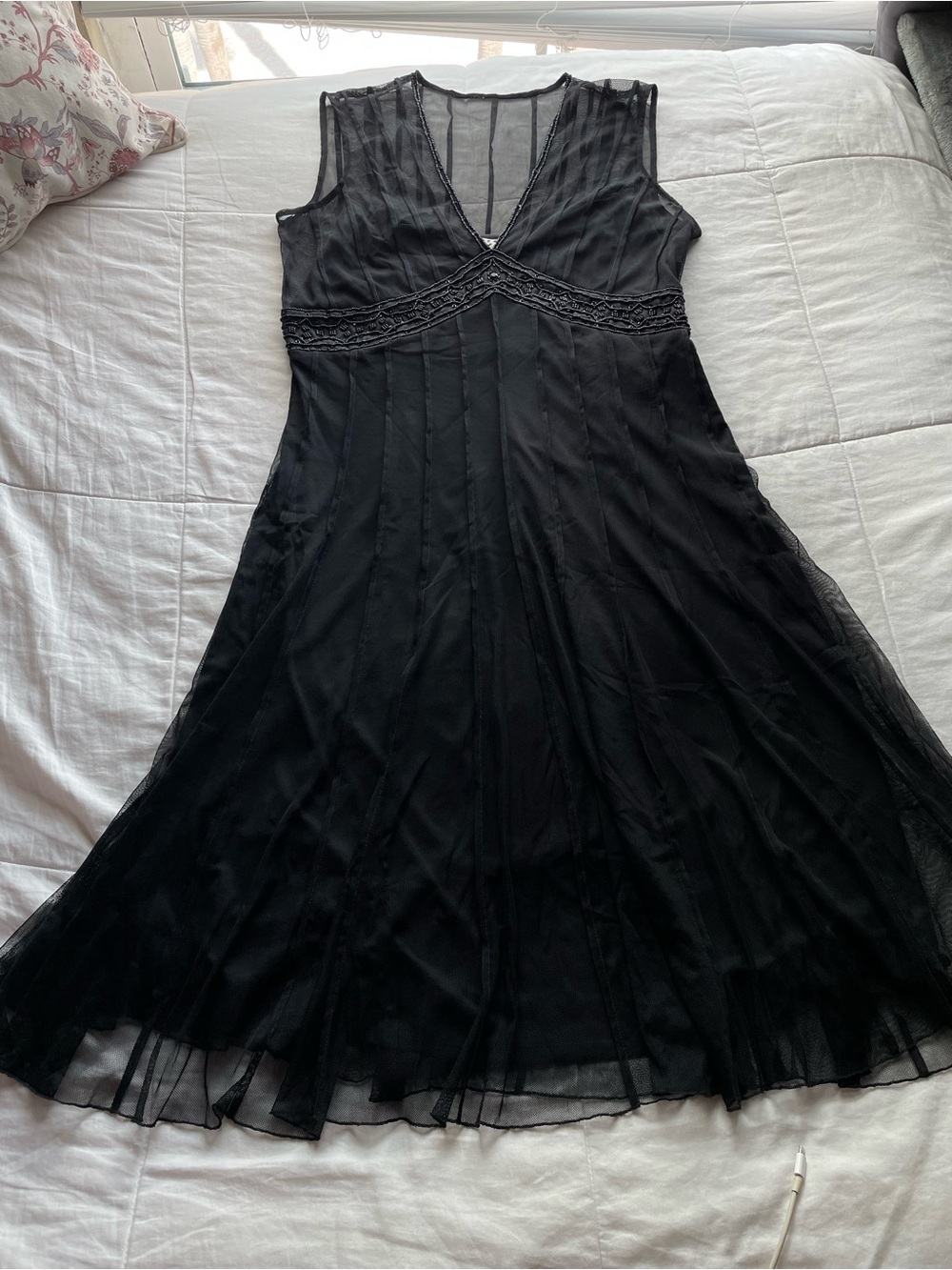 Black Mesh Overlay Beaded Babydoll Midi Dress 12 Whimsigoth Formal Evening Event